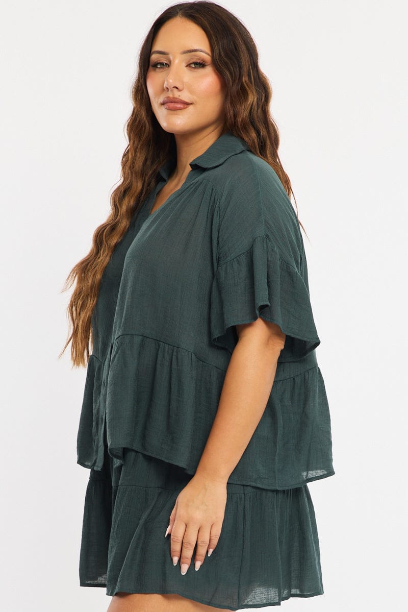 Green Ruffle Shirt Short Sleeve for YouandAll Fashion