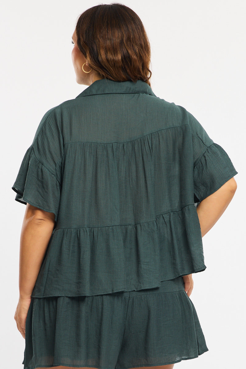 Green Ruffle Shirt Short Sleeve for YouandAll Fashion