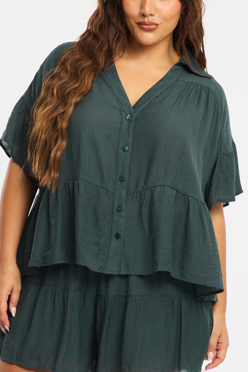 Green Ruffle Shirt Short Sleeve for YouandAll Fashion