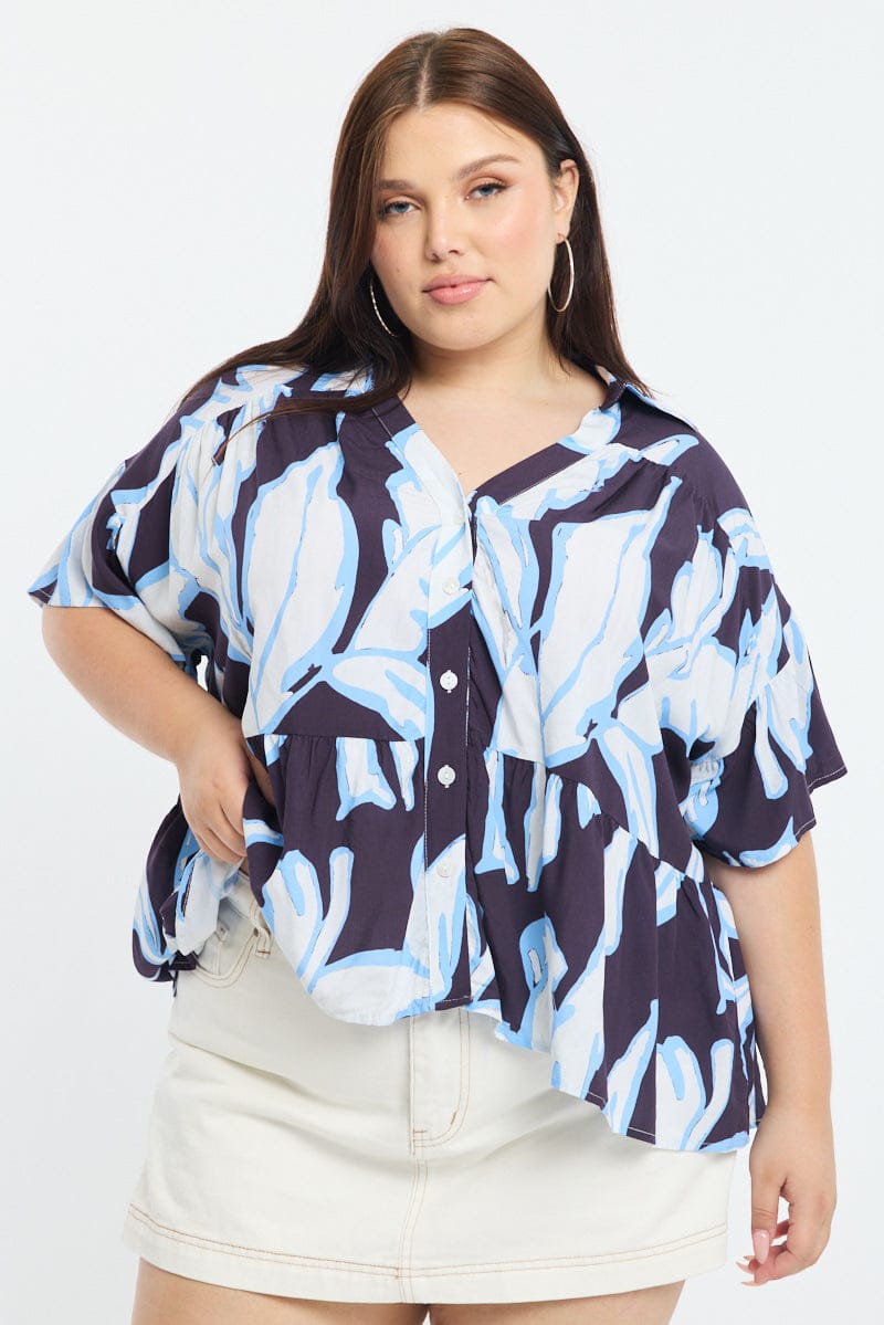 Blue Floral Relaxed Shirt Short Sleeve Ruffle for YouandAll Fashion