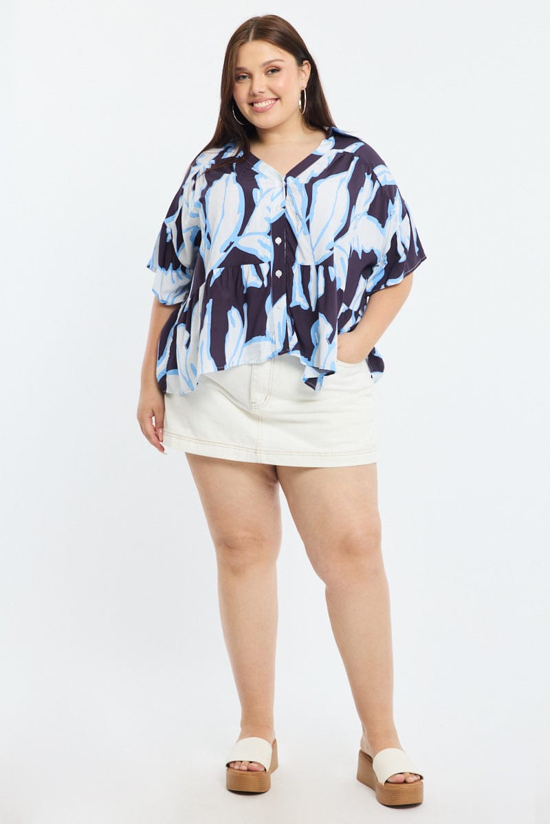 Blue Floral Relaxed Shirt Short Sleeve Ruffle for YouandAll Fashion