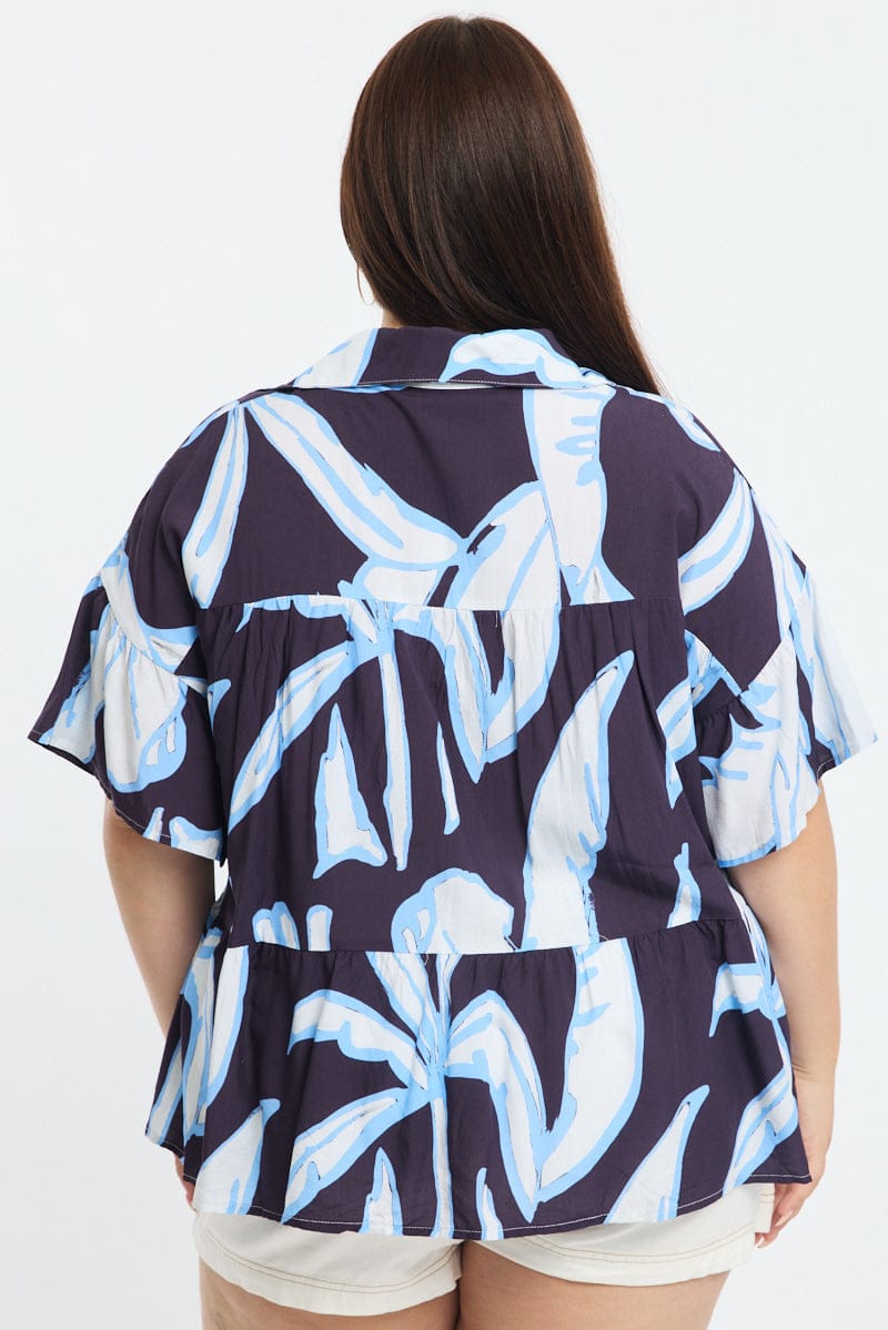 Blue Floral Relaxed Shirt Short Sleeve Ruffle for YouandAll Fashion