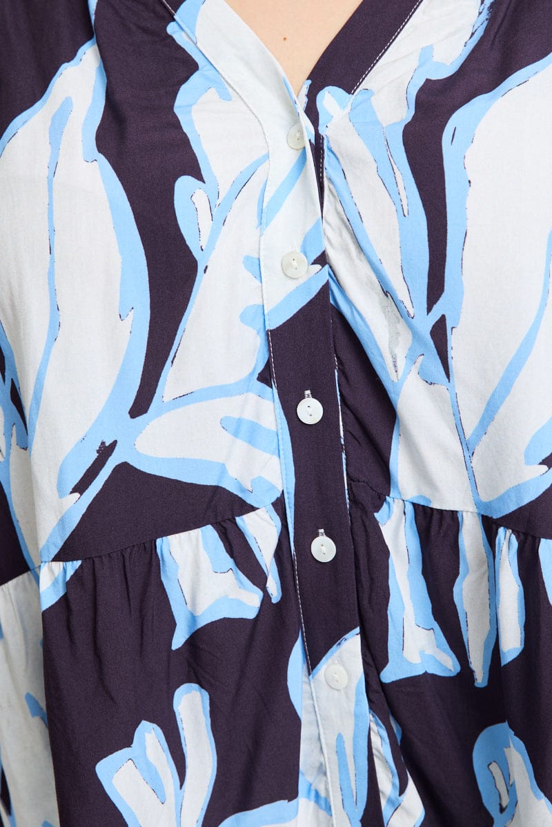 Blue Floral Relaxed Shirt Short Sleeve Ruffle for YouandAll Fashion