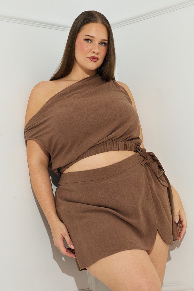 Brown Off Shoulder Top Linen Blend for YouandAll Fashion