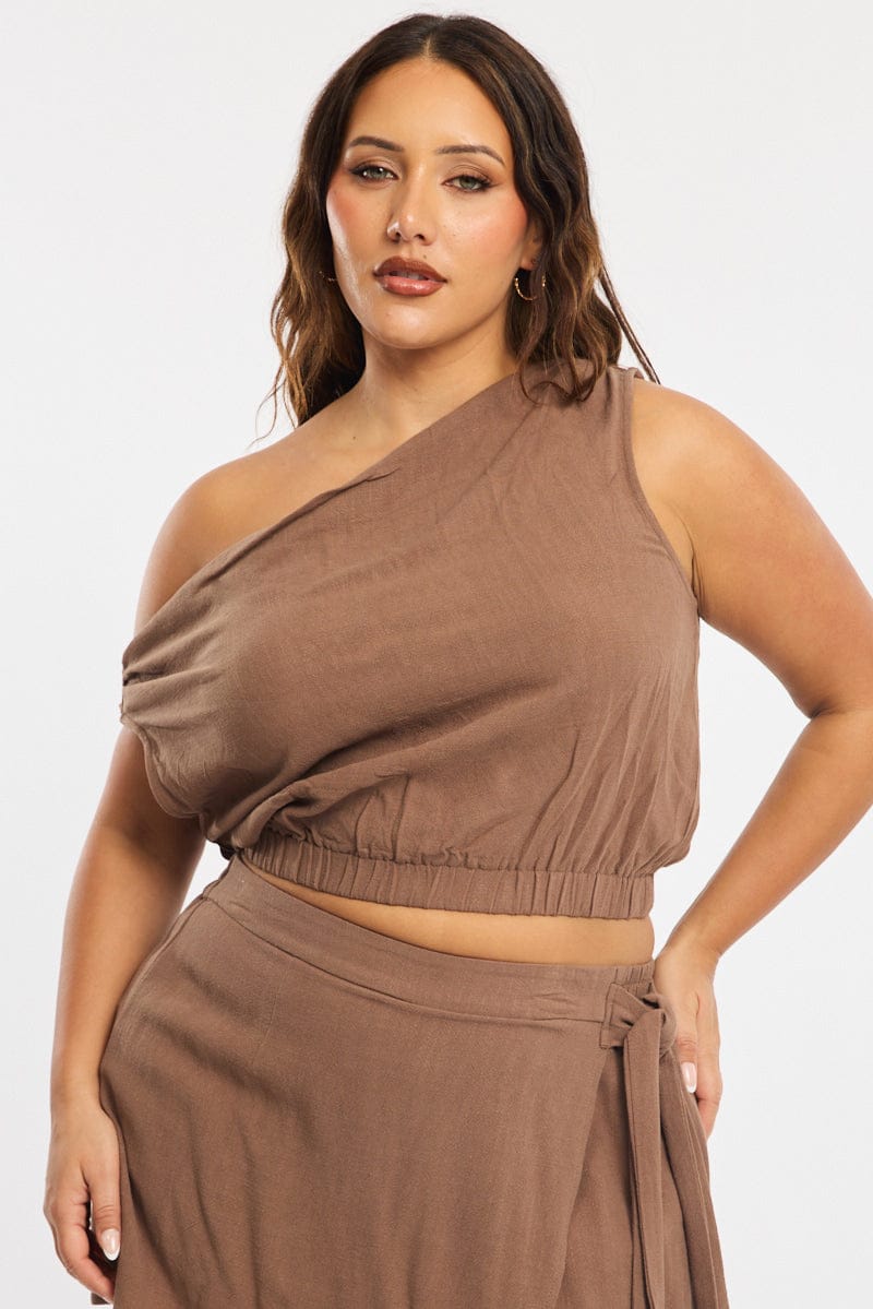 Brown Off Shoulder Top Linen Blend for YouandAll Fashion