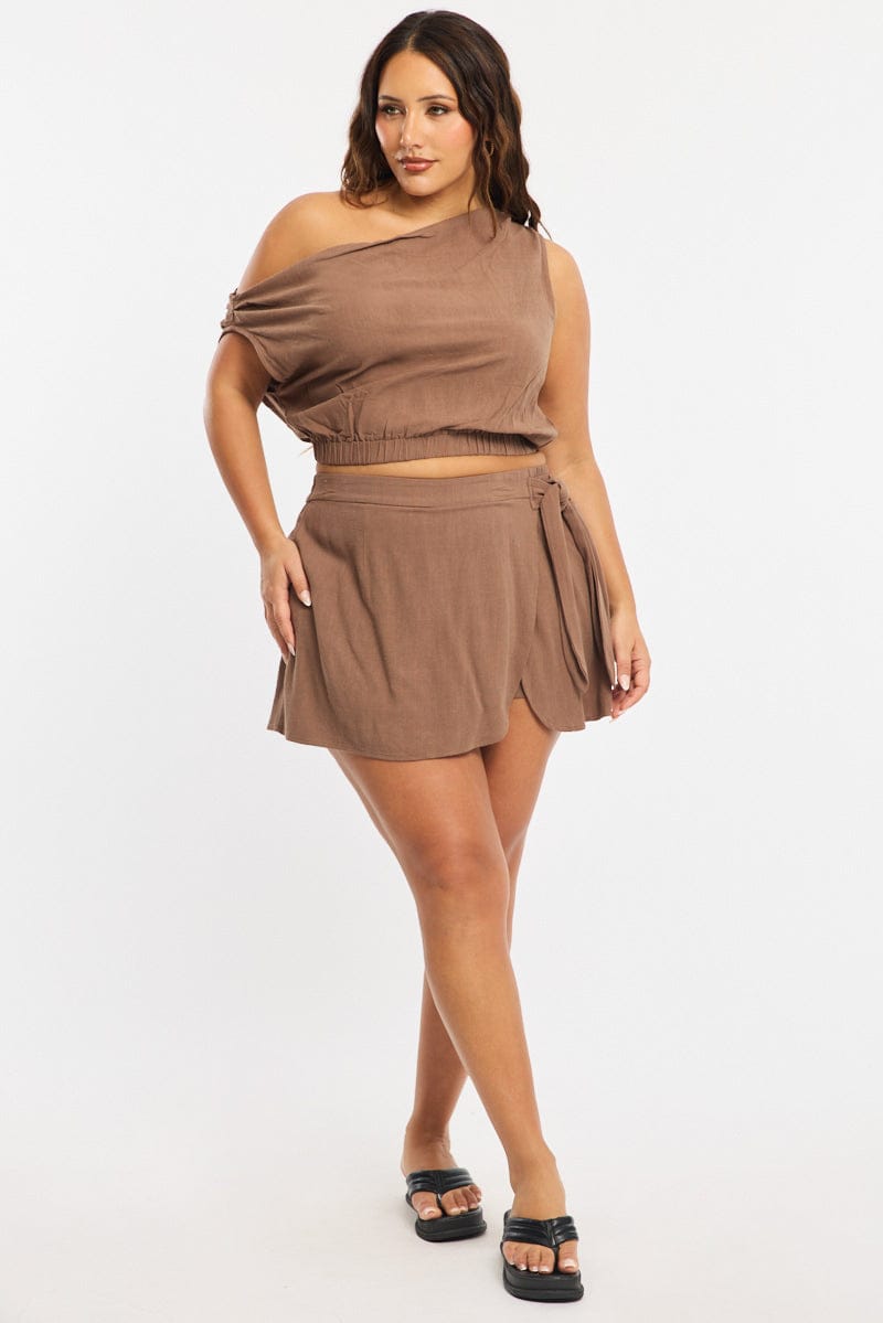 Brown Off Shoulder Top Linen Blend for YouandAll Fashion