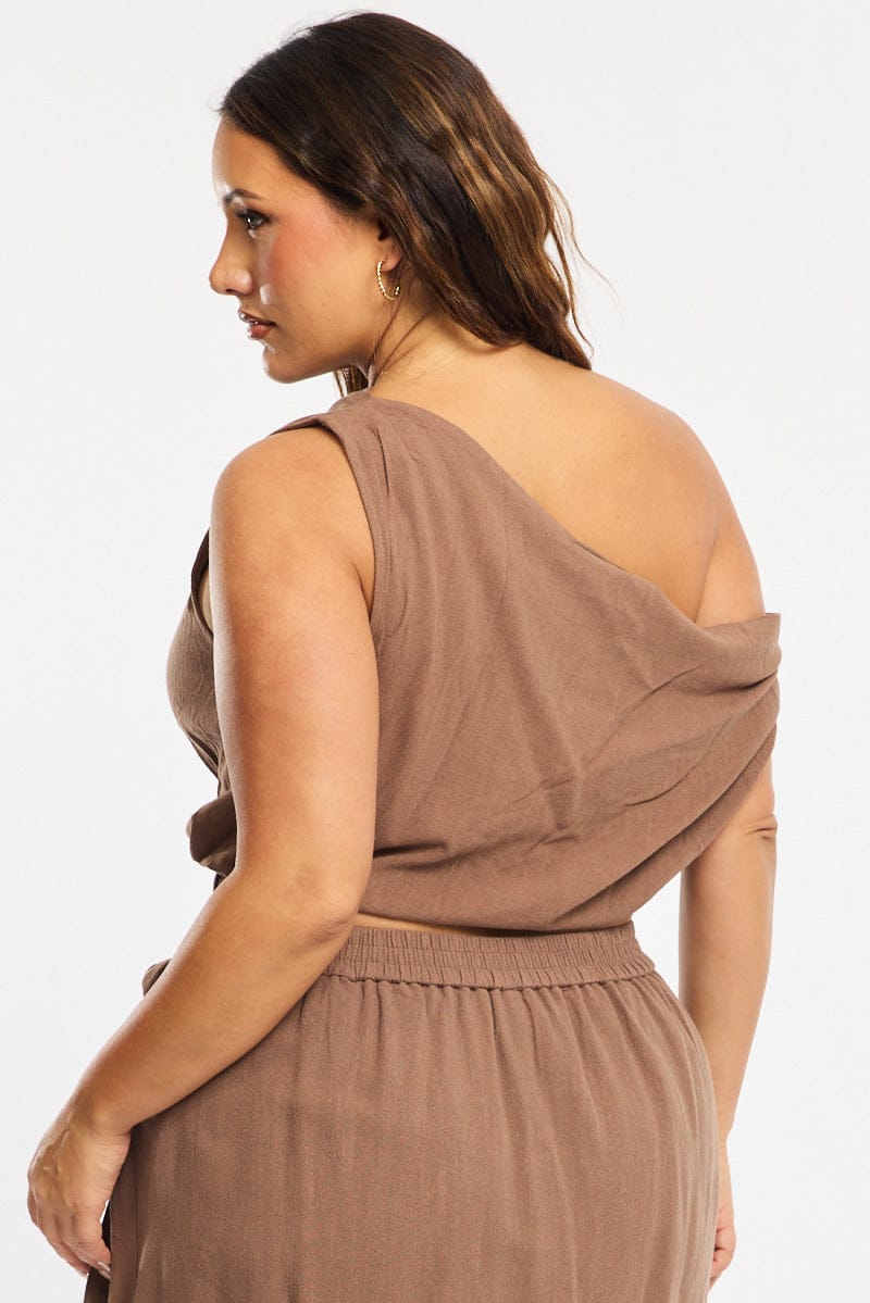 Brown Off Shoulder Top Linen Blend for YouandAll Fashion