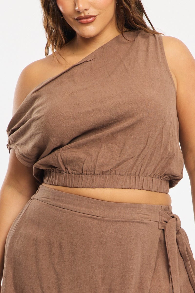 Brown Off Shoulder Top Linen Blend for YouandAll Fashion