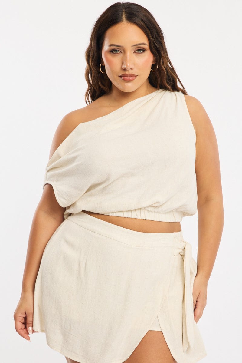 Beige Off Shoulder Top Linen Blend for YouandAll Fashion