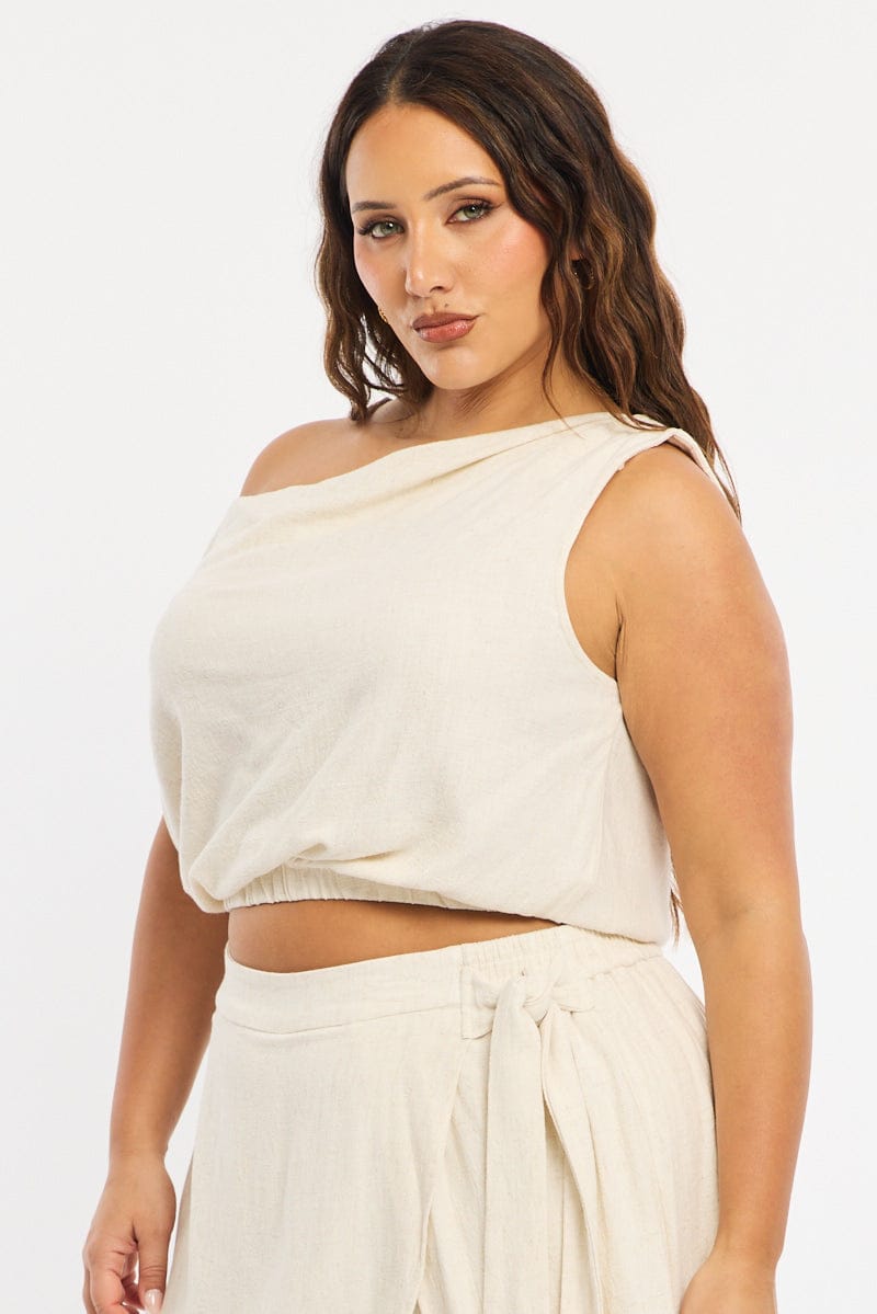 Beige Off Shoulder Top Linen Blend for YouandAll Fashion