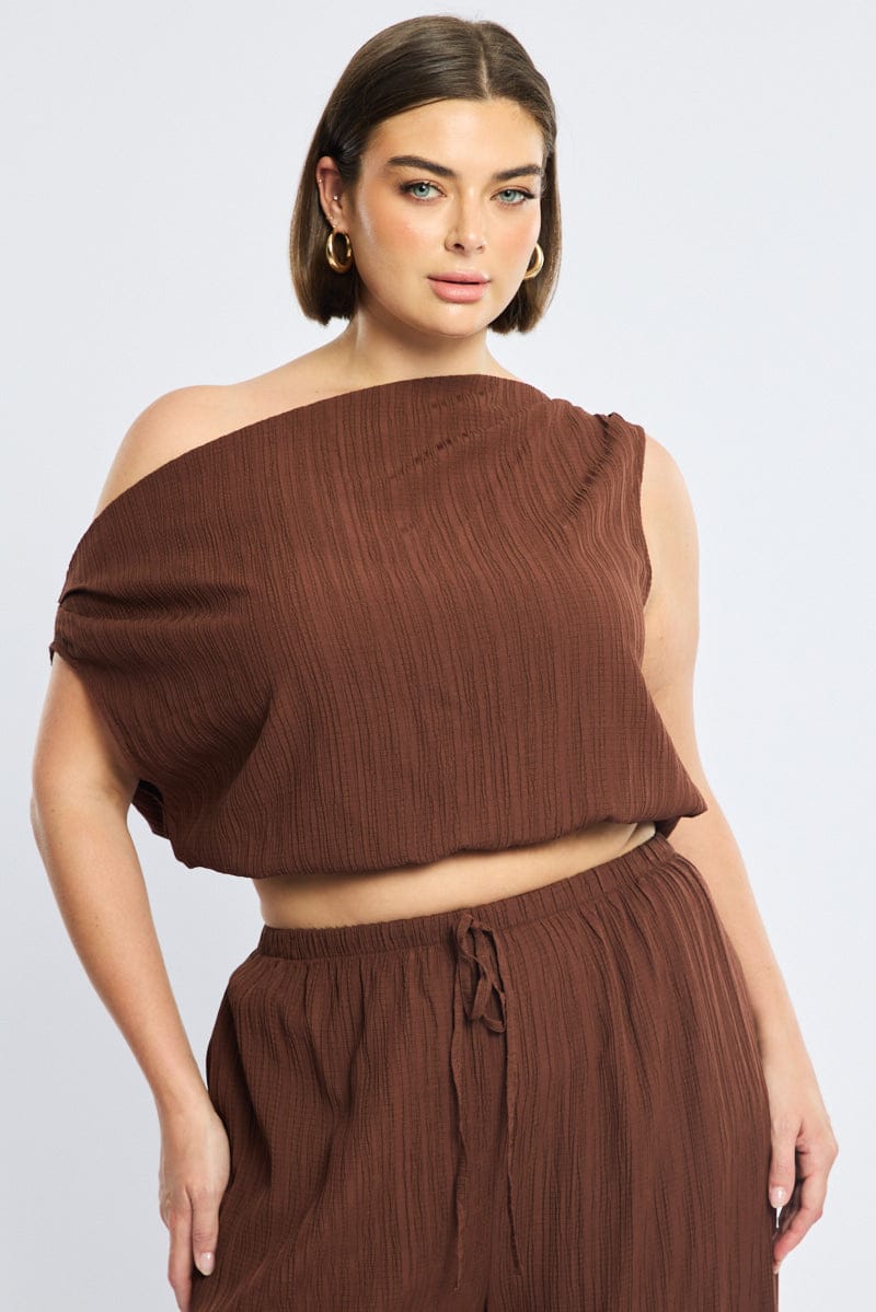 Brown Off Shoulder Top Sleeveless Textured for YouandAll Fashion