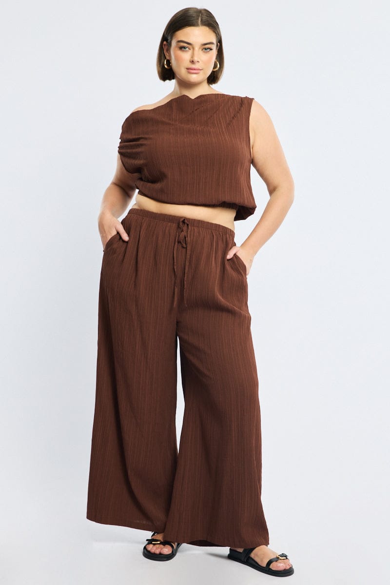 Brown Off Shoulder Top Sleeveless Textured for YouandAll Fashion