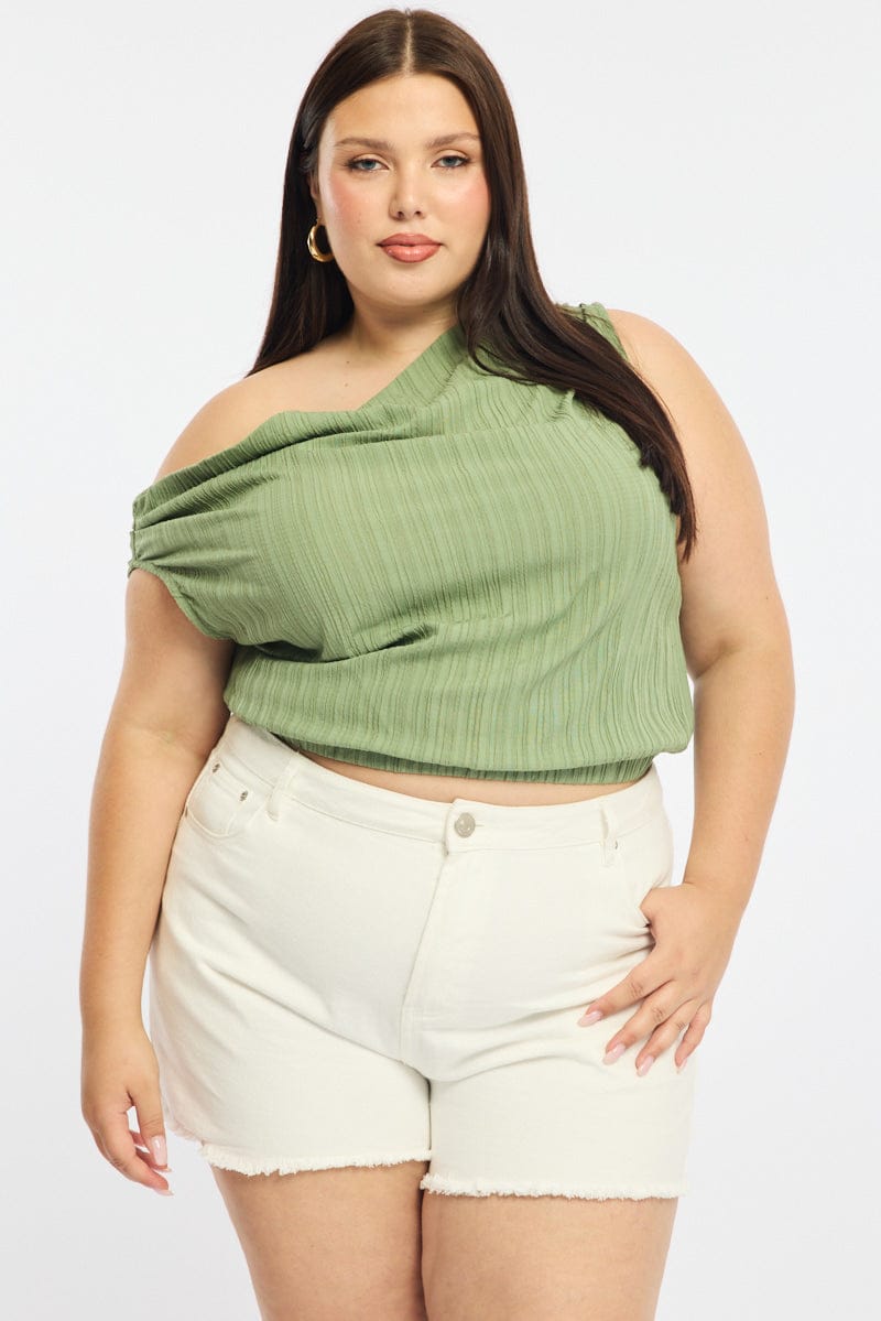 Green Off Shoulder Top Sleeveless Textured for YouandAll Fashion