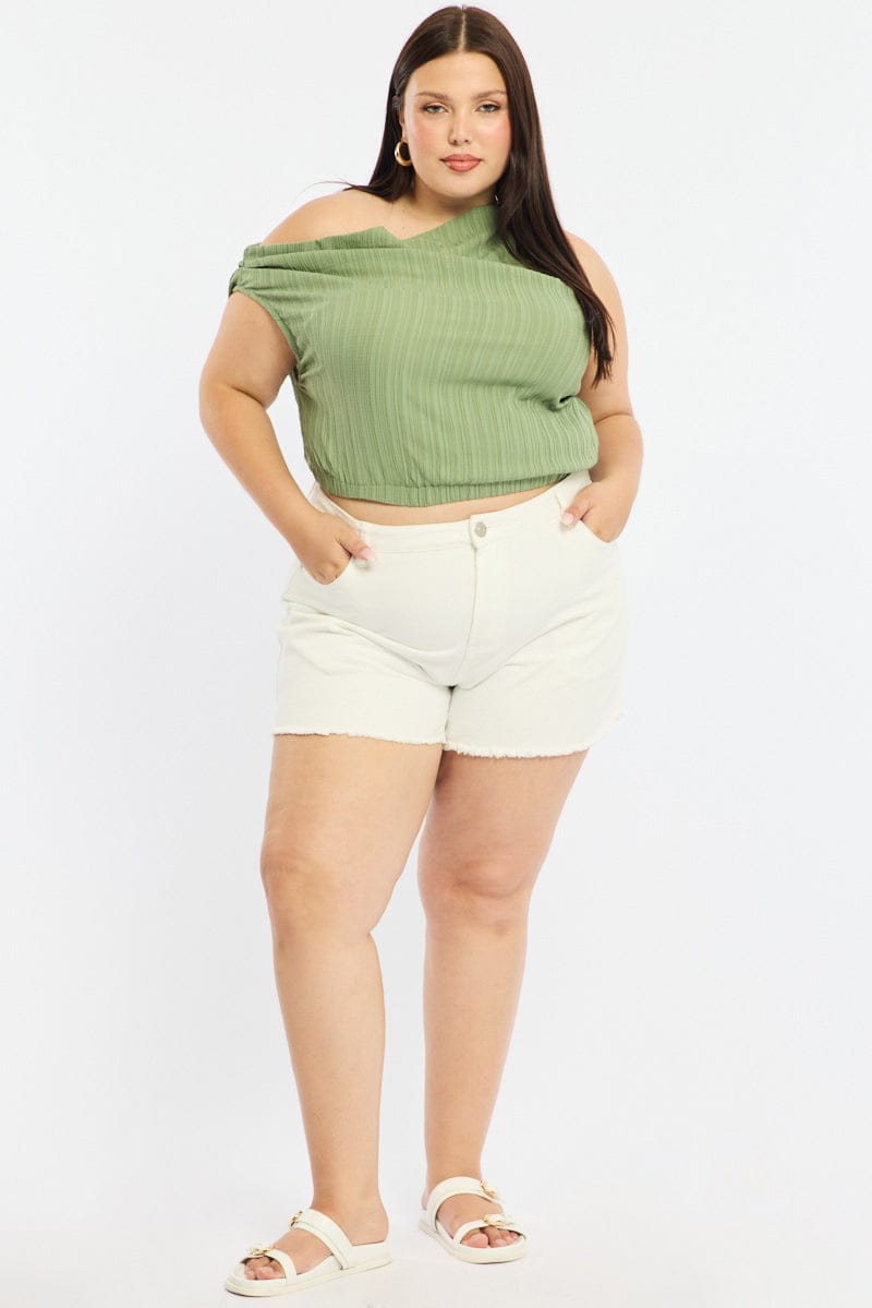 Green Off Shoulder Top Sleeveless Textured for YouandAll Fashion
