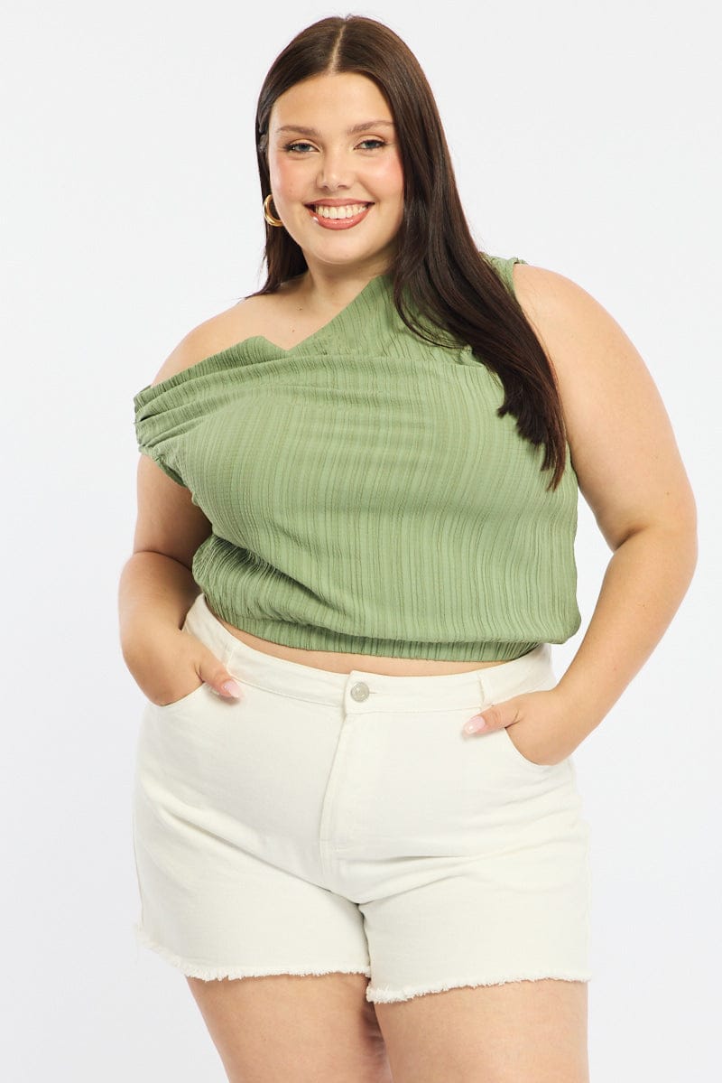 Green Off Shoulder Top Sleeveless Textured for YouandAll Fashion