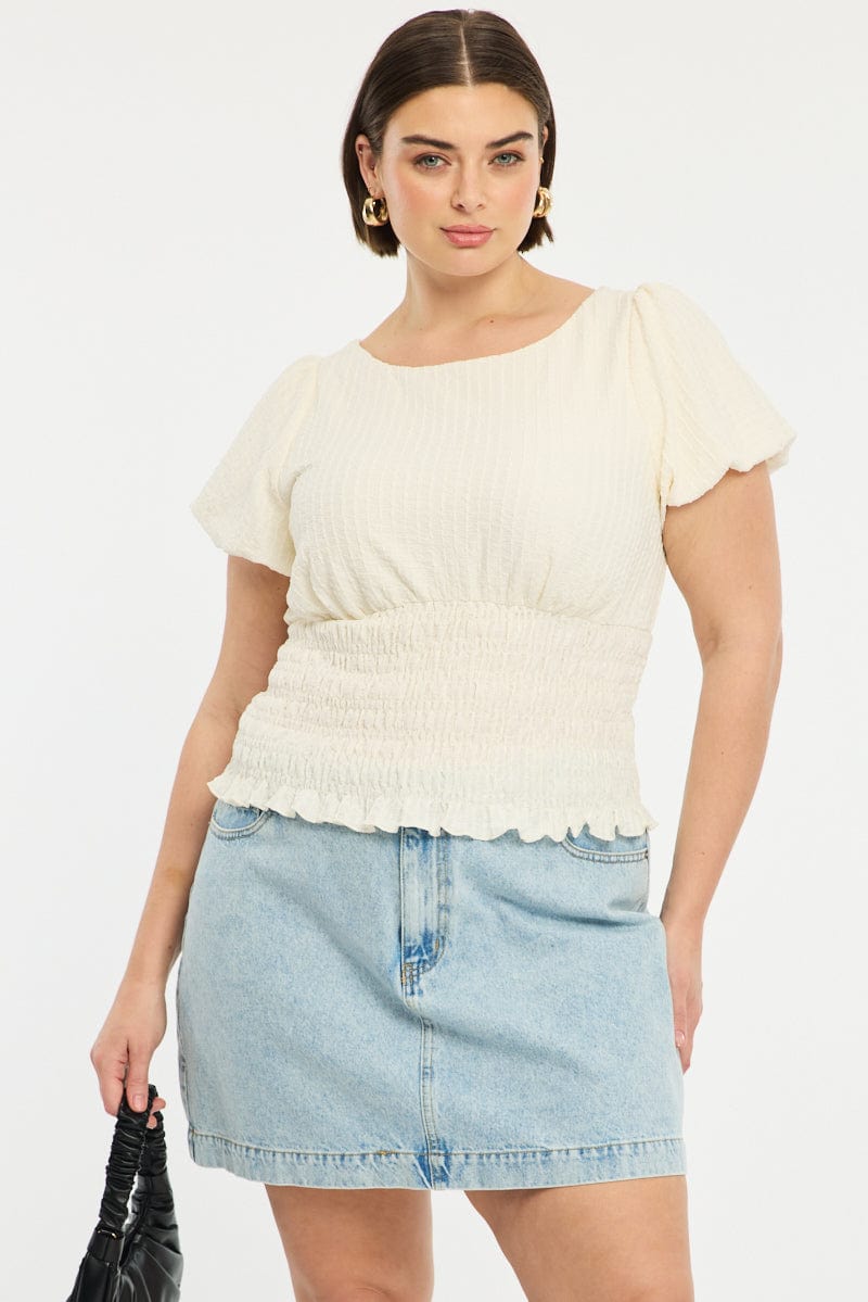 White Textured Top Short Sleeve Shirred Waist for YouandAll Fashion