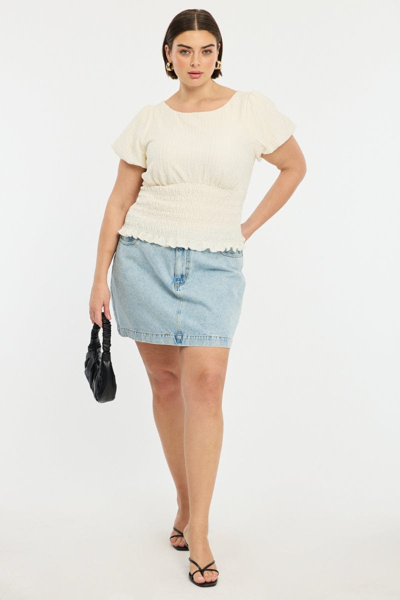 White Textured Top Short Sleeve Shirred Waist for YouandAll Fashion