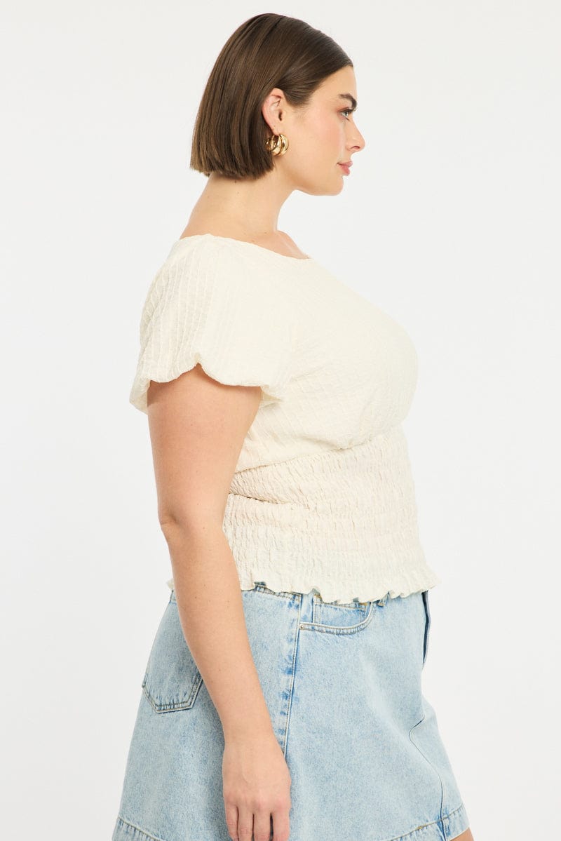 White Textured Top Short Sleeve Shirred Waist for YouandAll Fashion