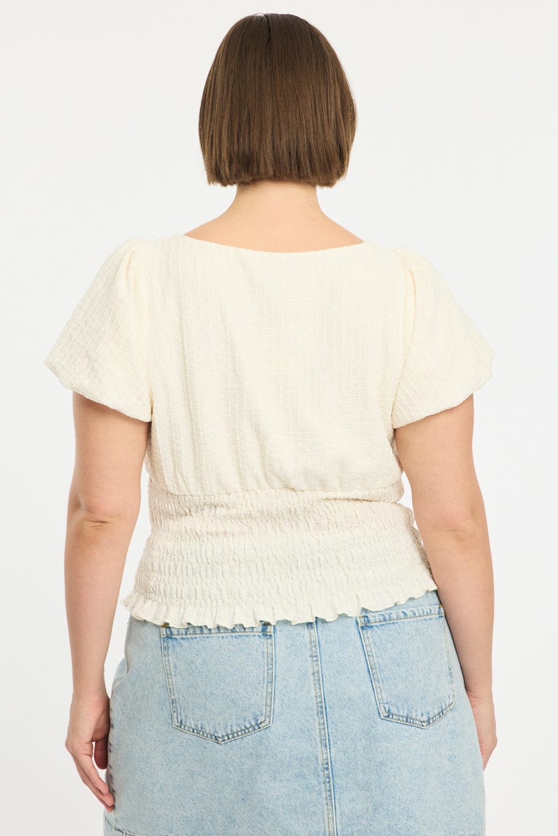 White Textured Top Short Sleeve Shirred Waist for YouandAll Fashion