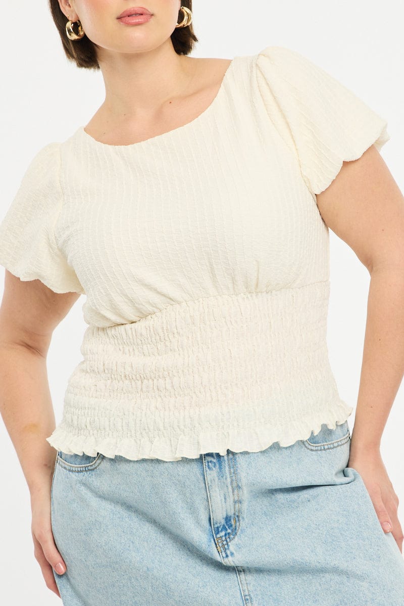 White Textured Top Short Sleeve Shirred Waist for YouandAll Fashion