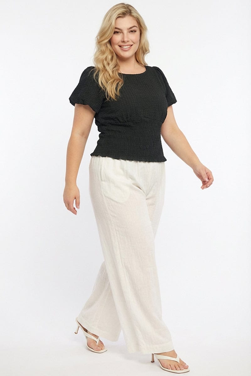 Black Textured Top Short Sleeve Shirred for YouandAll Fashion