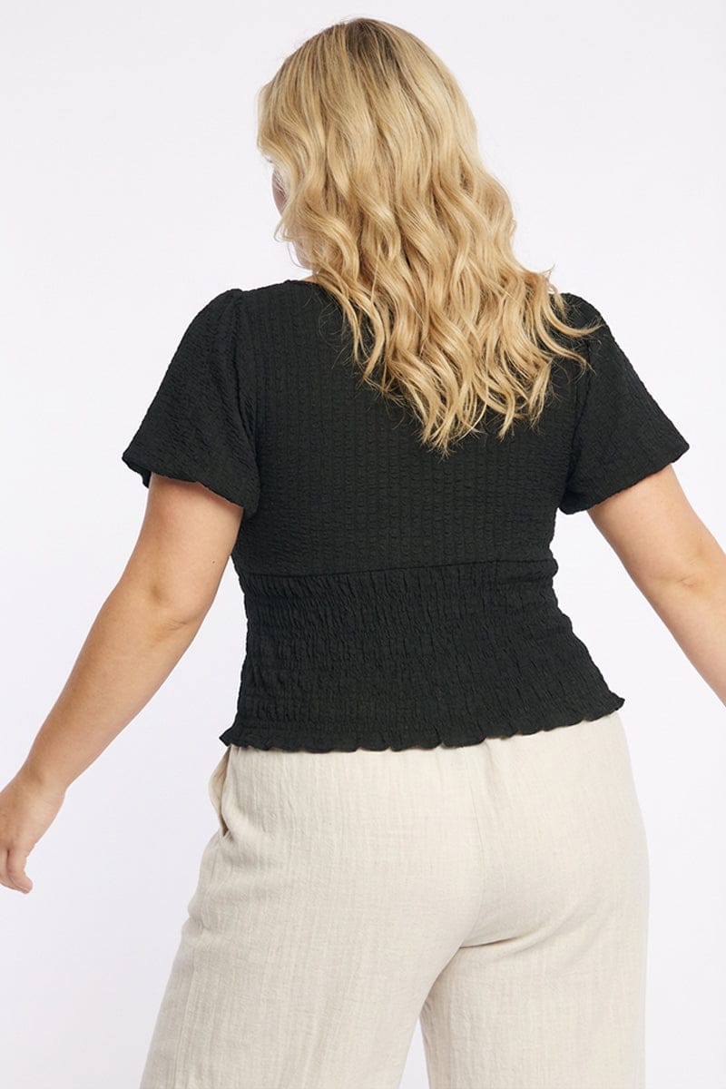 Black Textured Top Short Sleeve Shirred for YouandAll Fashion