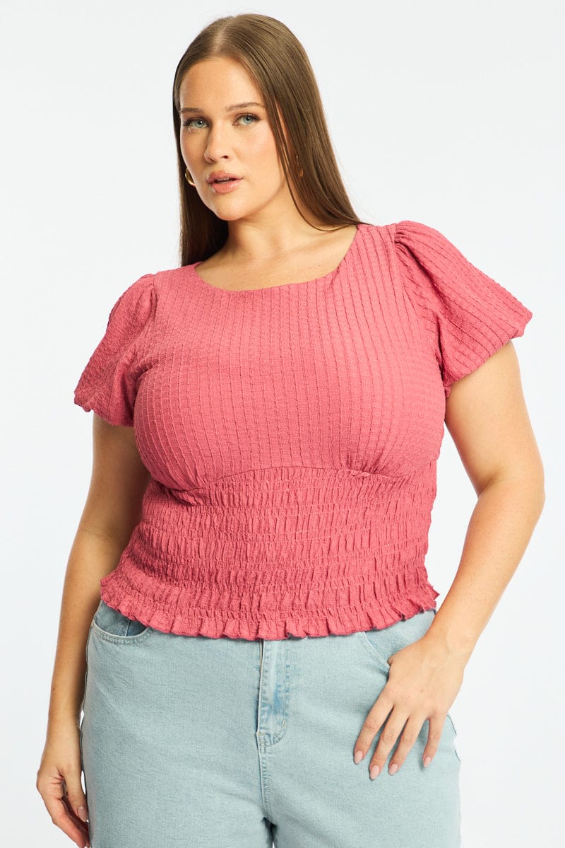 Red Textured Top Short Sleeve Shirred for YouandAll Fashion