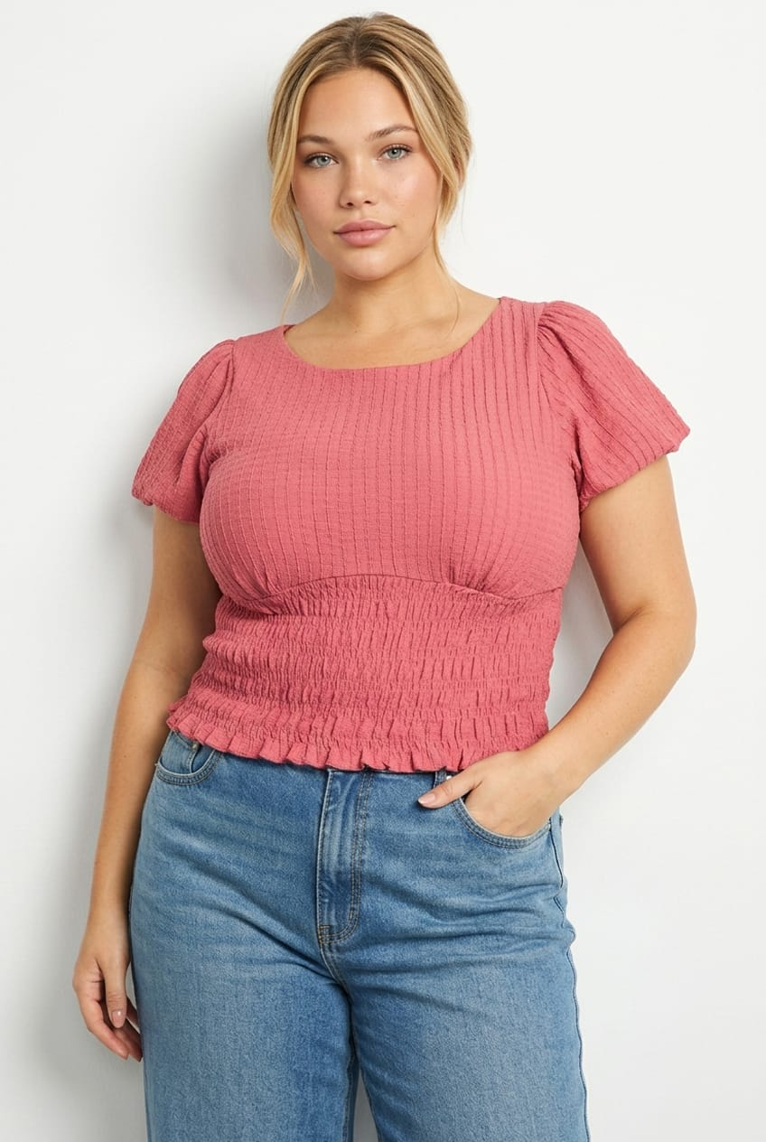 Red Textured Top Short Sleeve Shirred for YouandAll Fashion