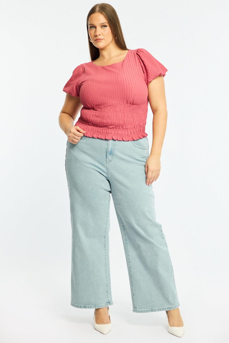 Red Textured Top Short Sleeve Shirred for YouandAll Fashion