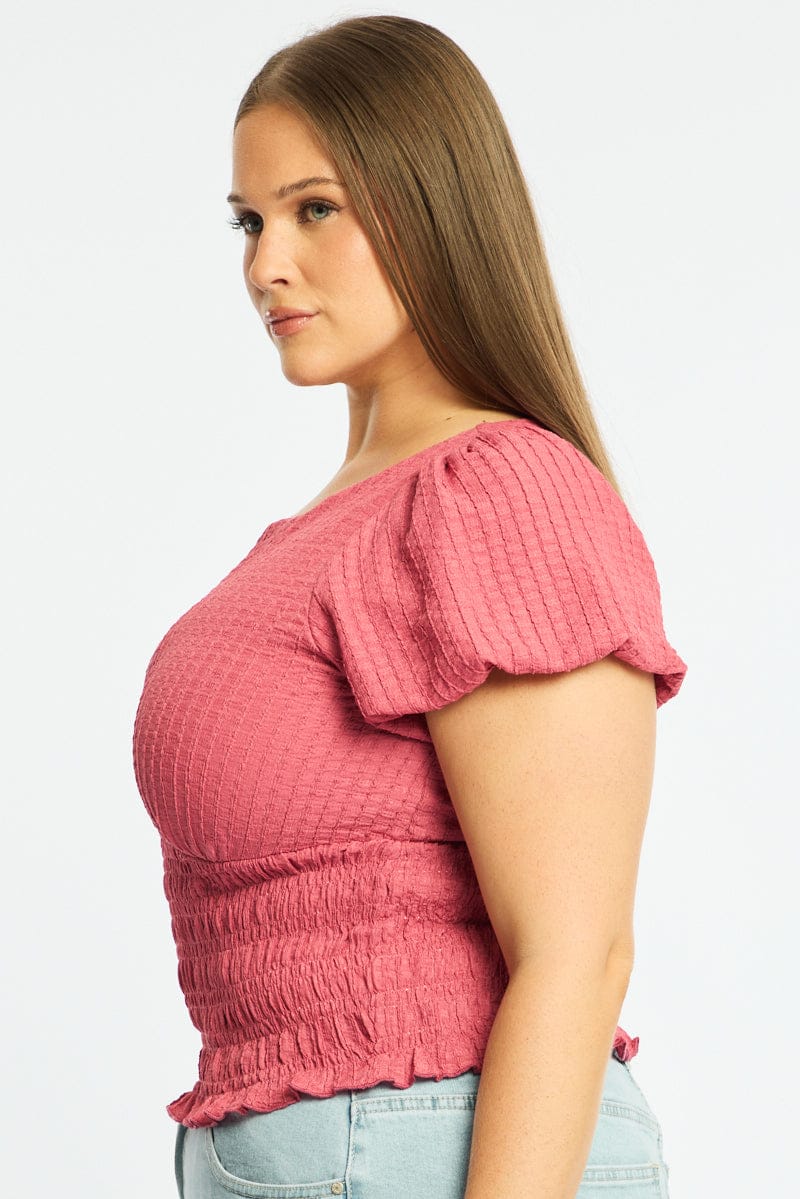 Red Textured Top Short Sleeve Shirred for YouandAll Fashion