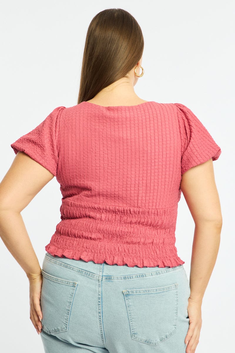 Red Textured Top Short Sleeve Shirred for YouandAll Fashion