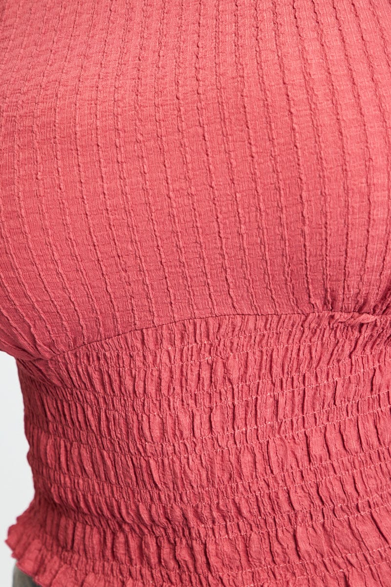Red Textured Top Short Sleeve Shirred for YouandAll Fashion