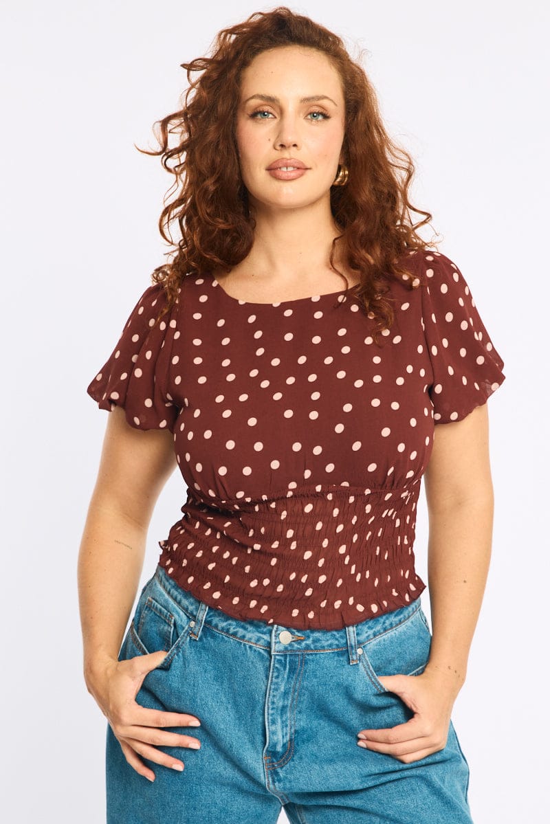 Red Polka Dot Shirred Top Short Sleeve for YouandAll Fashion