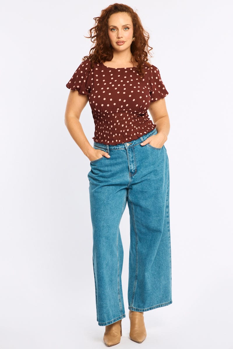 Red Polka Dot Shirred Top Short Sleeve for YouandAll Fashion