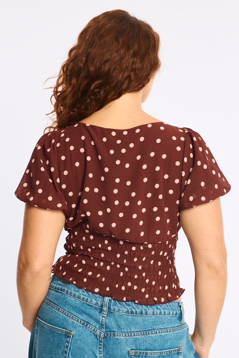 Red Polka Dot Shirred Top Short Sleeve for YouandAll Fashion