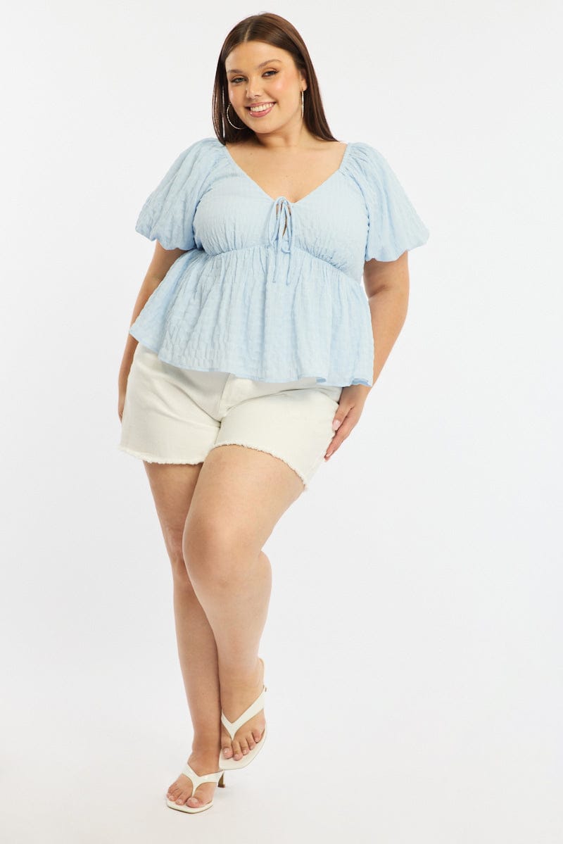 Blue Tie Front Top Short Sleeve for YouandAll Fashion