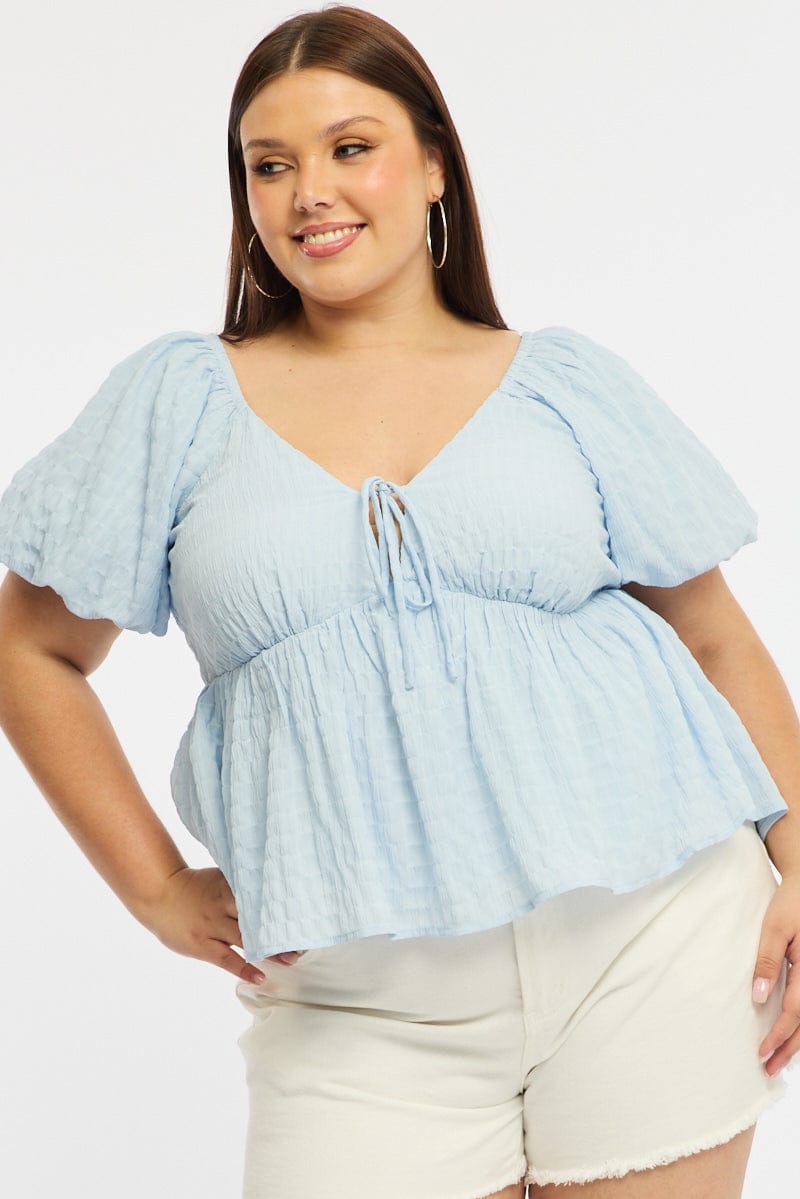 Blue Tie Front Top Short Sleeve for YouandAll Fashion