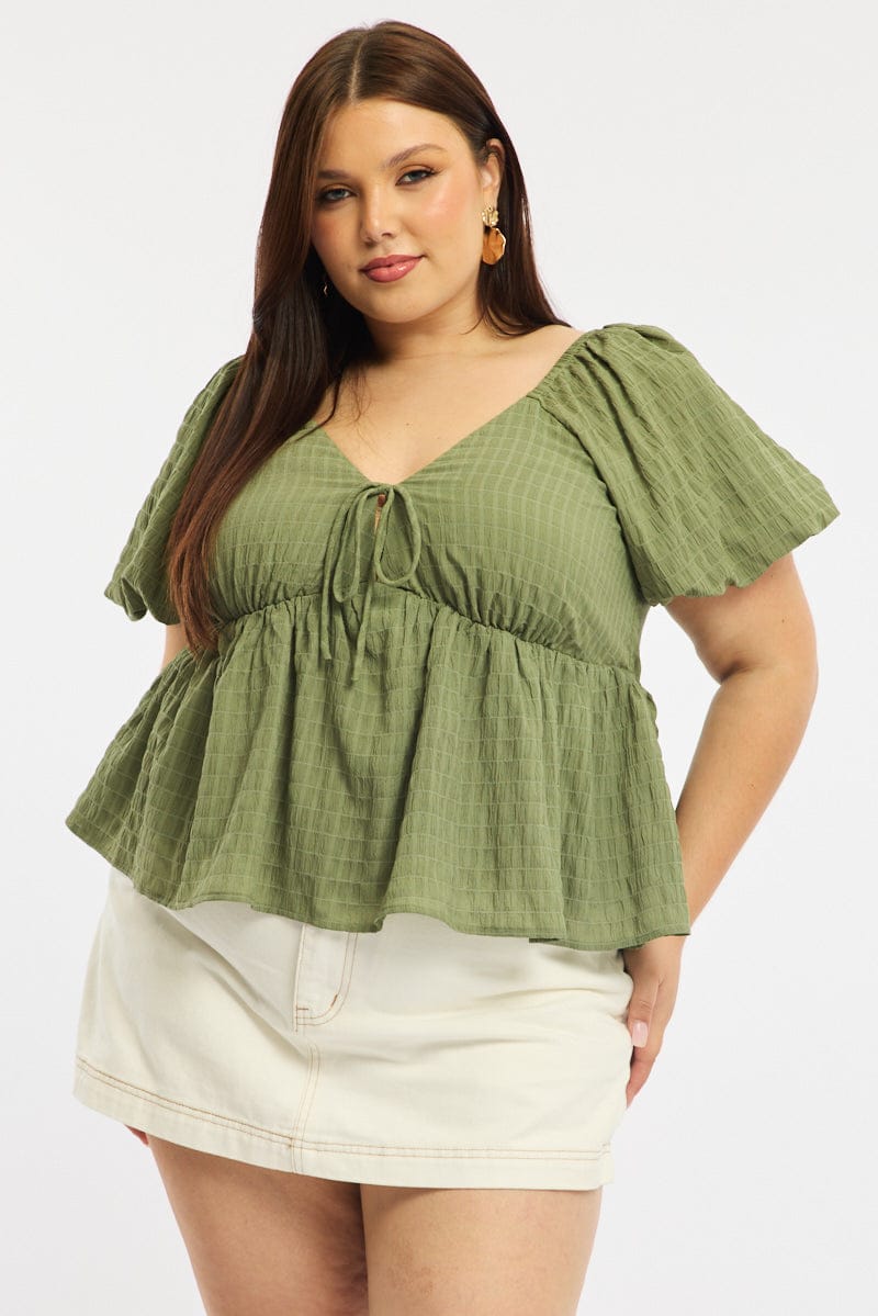 Green Tie Front Top Short Sleeve for YouandAll Fashion