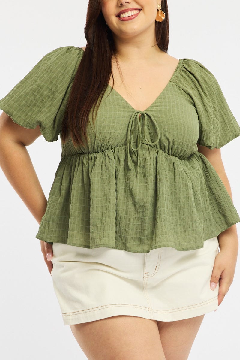Green Tie Front Top Short Sleeve for YouandAll Fashion