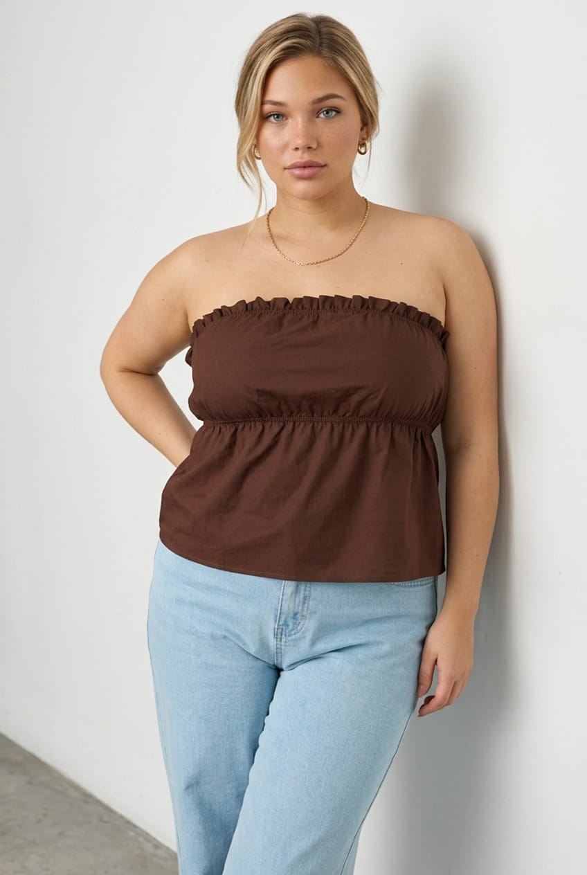 Brown Bandeau Top Strapless Linen Blend for YouandAll Fashion