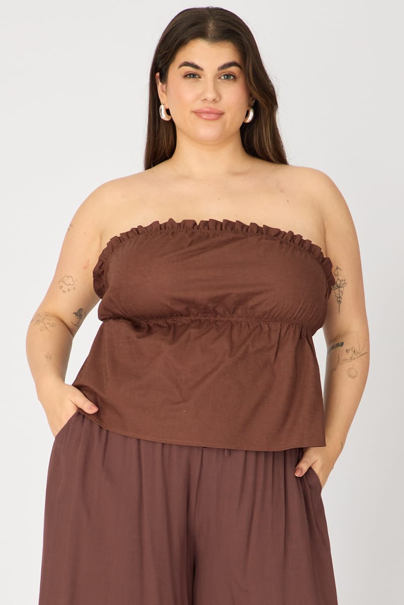 Brown Bandeau Top Strapless Linen Blend for YouandAll Fashion