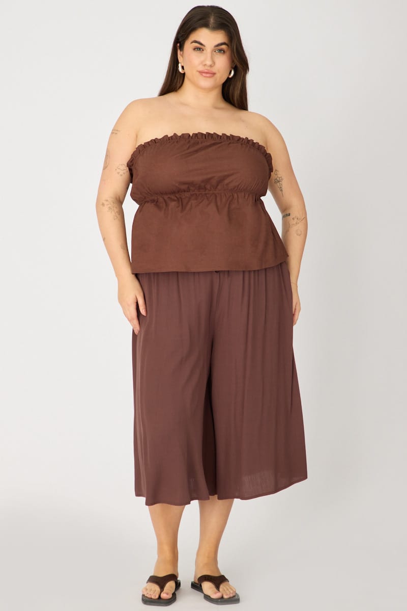 Brown Bandeau Top Strapless Linen Blend for YouandAll Fashion