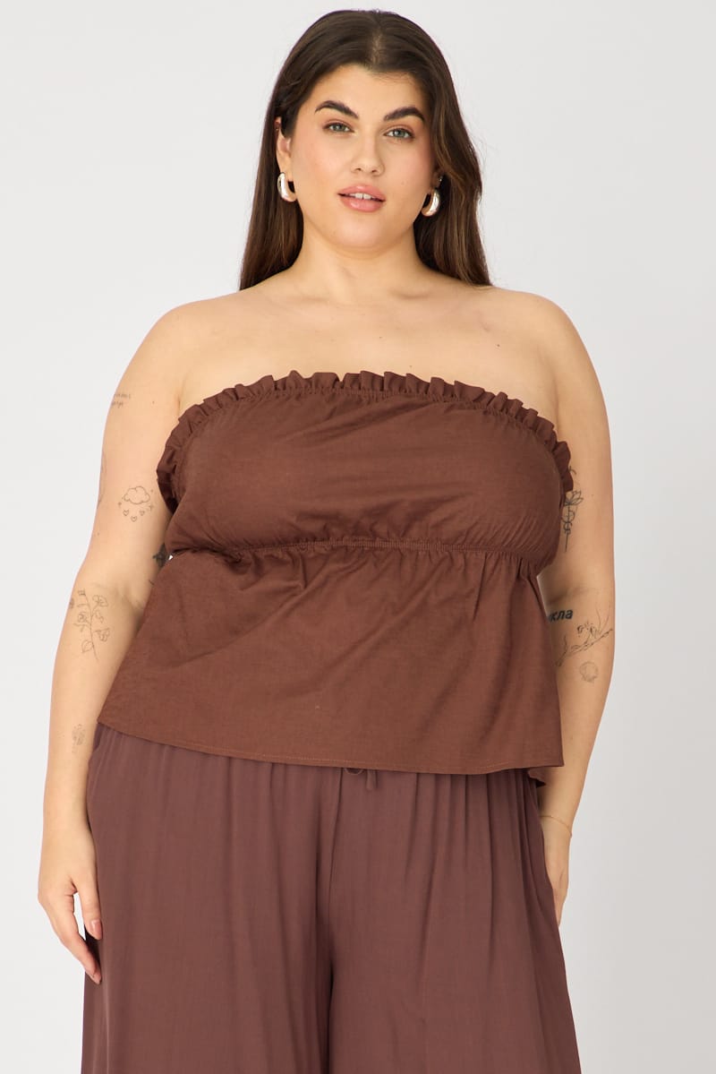Brown Bandeau Top Strapless Linen Blend for YouandAll Fashion