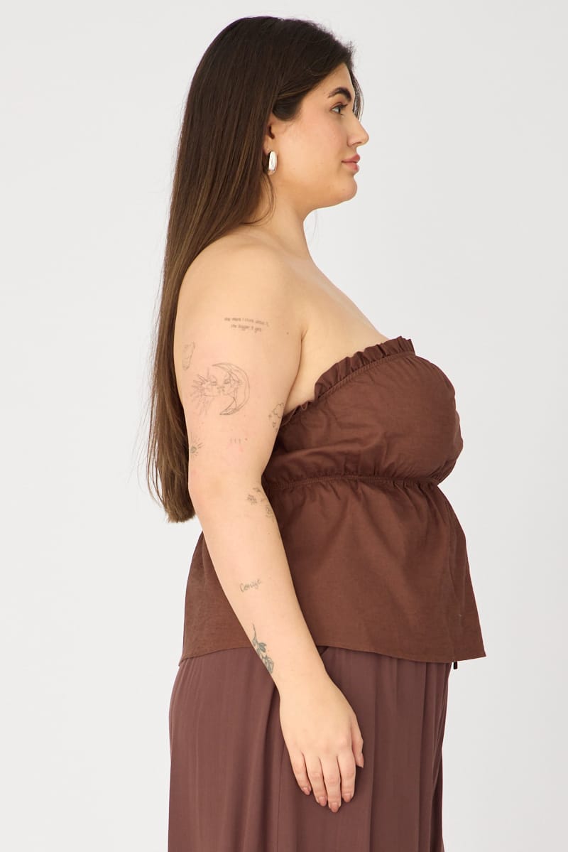 Brown Bandeau Top Strapless Linen Blend for YouandAll Fashion