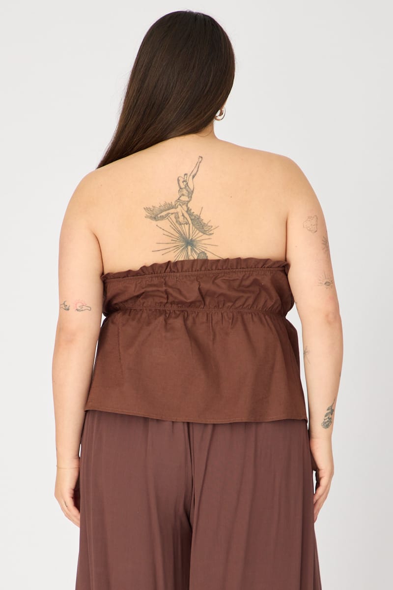 Brown Bandeau Top Strapless Linen Blend for YouandAll Fashion