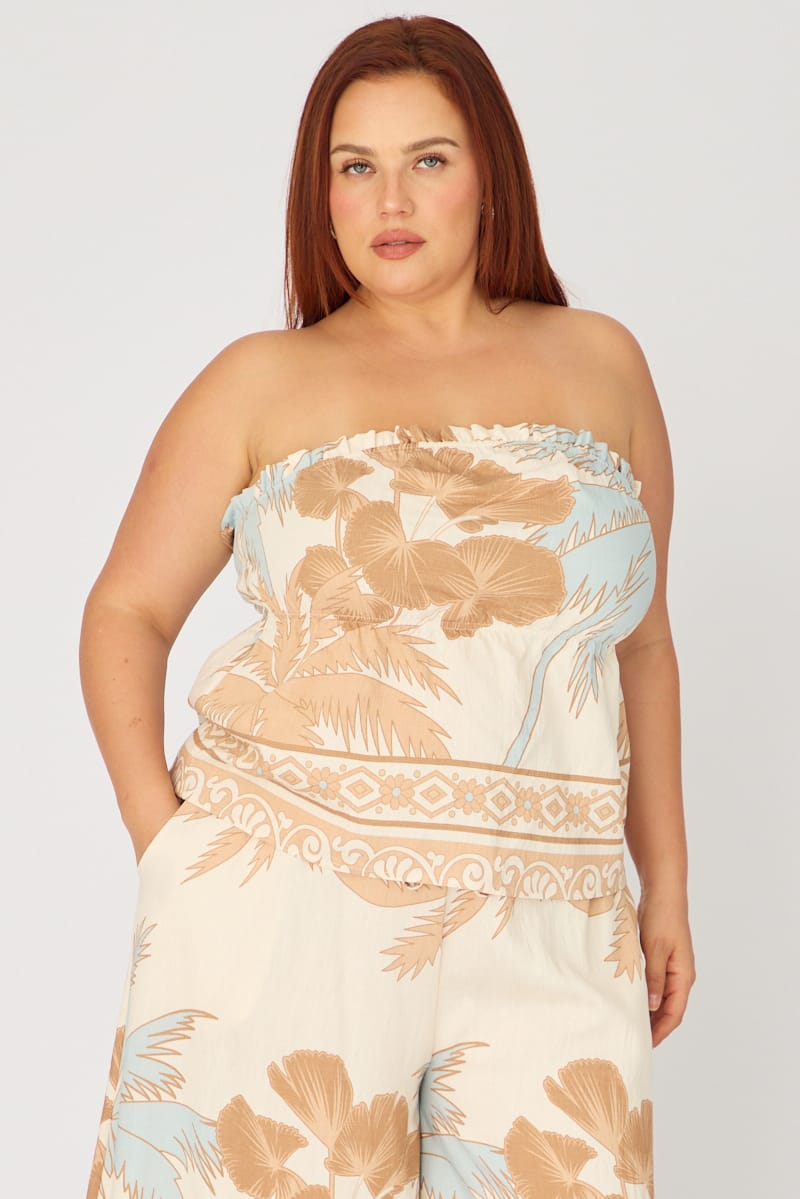 Beige Abstract Bandeau Top Strapless for YouandAll Fashion