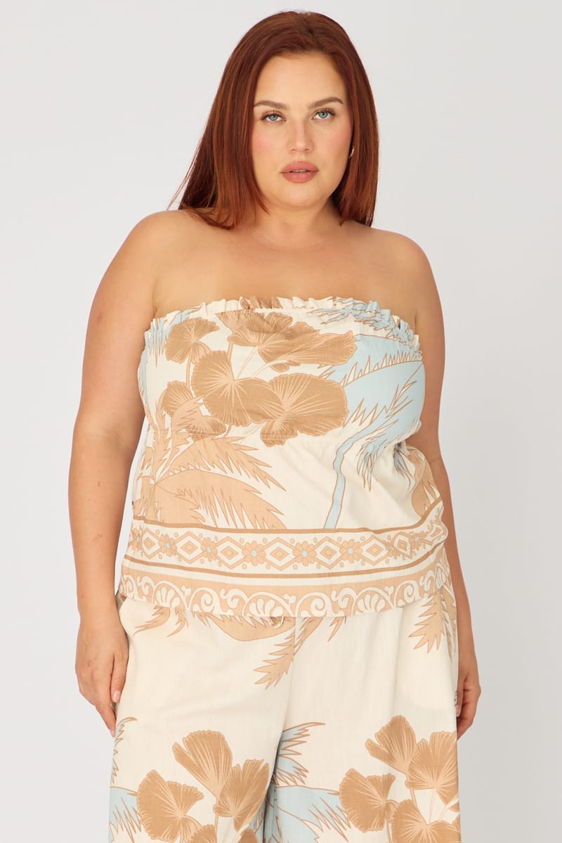 Beige Abstract Bandeau Top Strapless for YouandAll Fashion