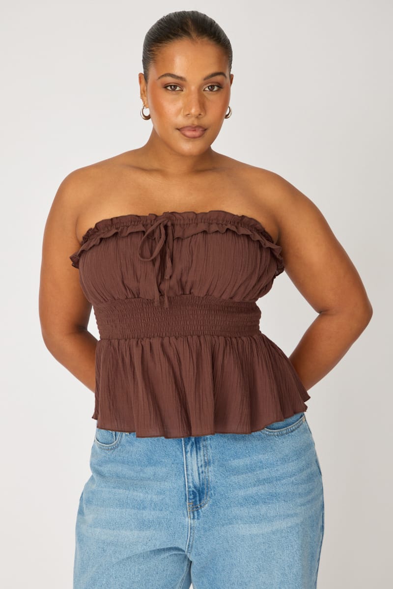 Brown Strapless Top Ruched Bust Frill for YouandAll Fashion