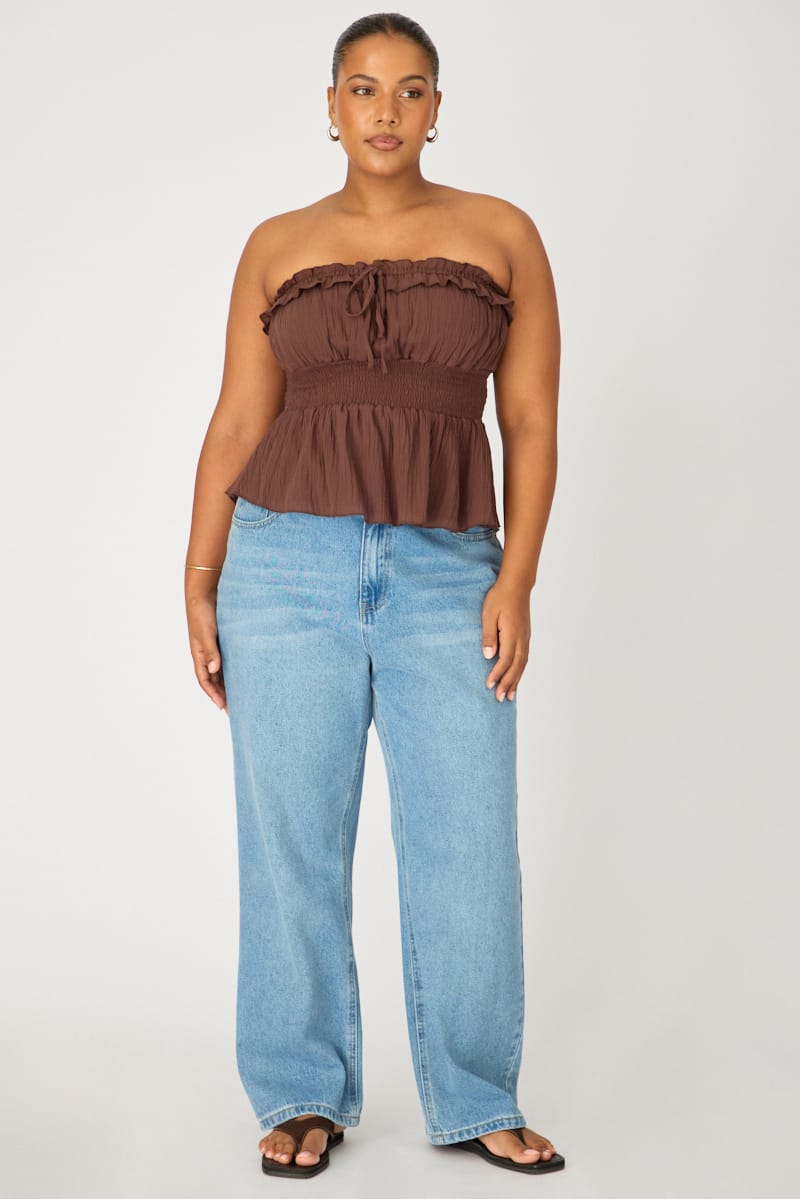 Brown Strapless Top Ruched Bust Frill for YouandAll Fashion