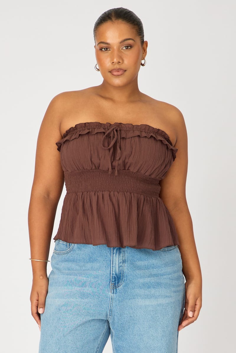 Brown Strapless Top Ruched Bust Frill for YouandAll Fashion